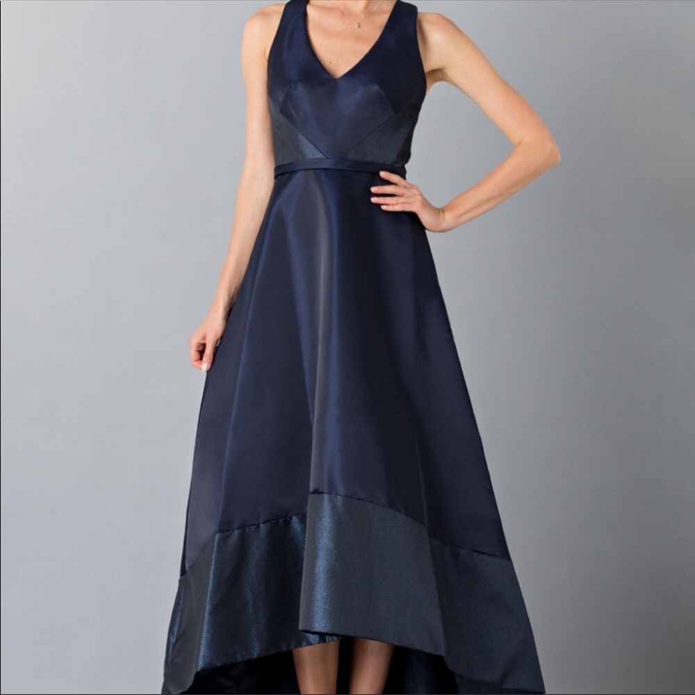 Theia NAVY BLUE high low V-Neck sleeveless evening long Gown - Picture 4 of 12